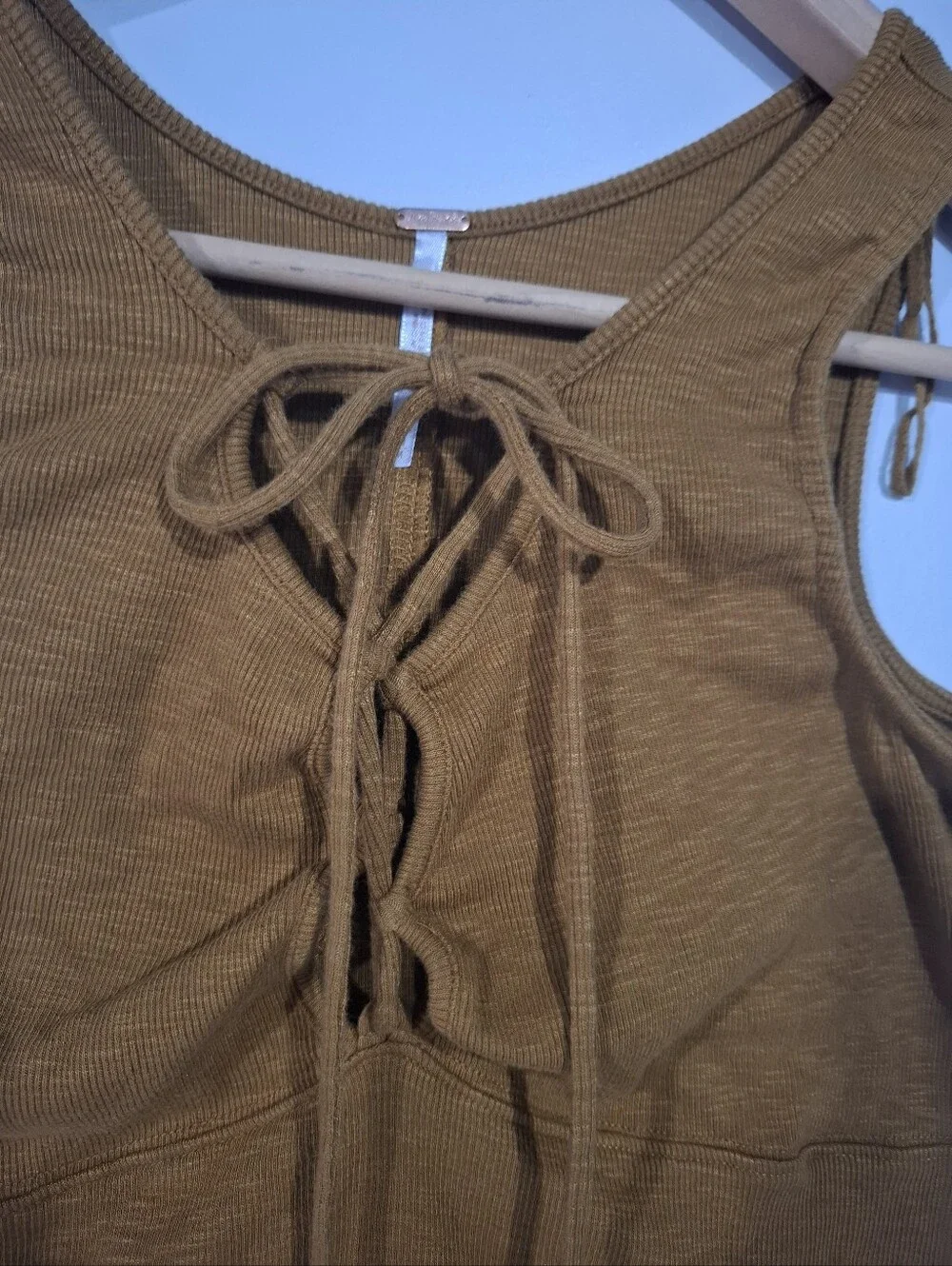 Free People Lace-Up Ribbed Tank Top - Rust Brown Sz M Babydoll Boho